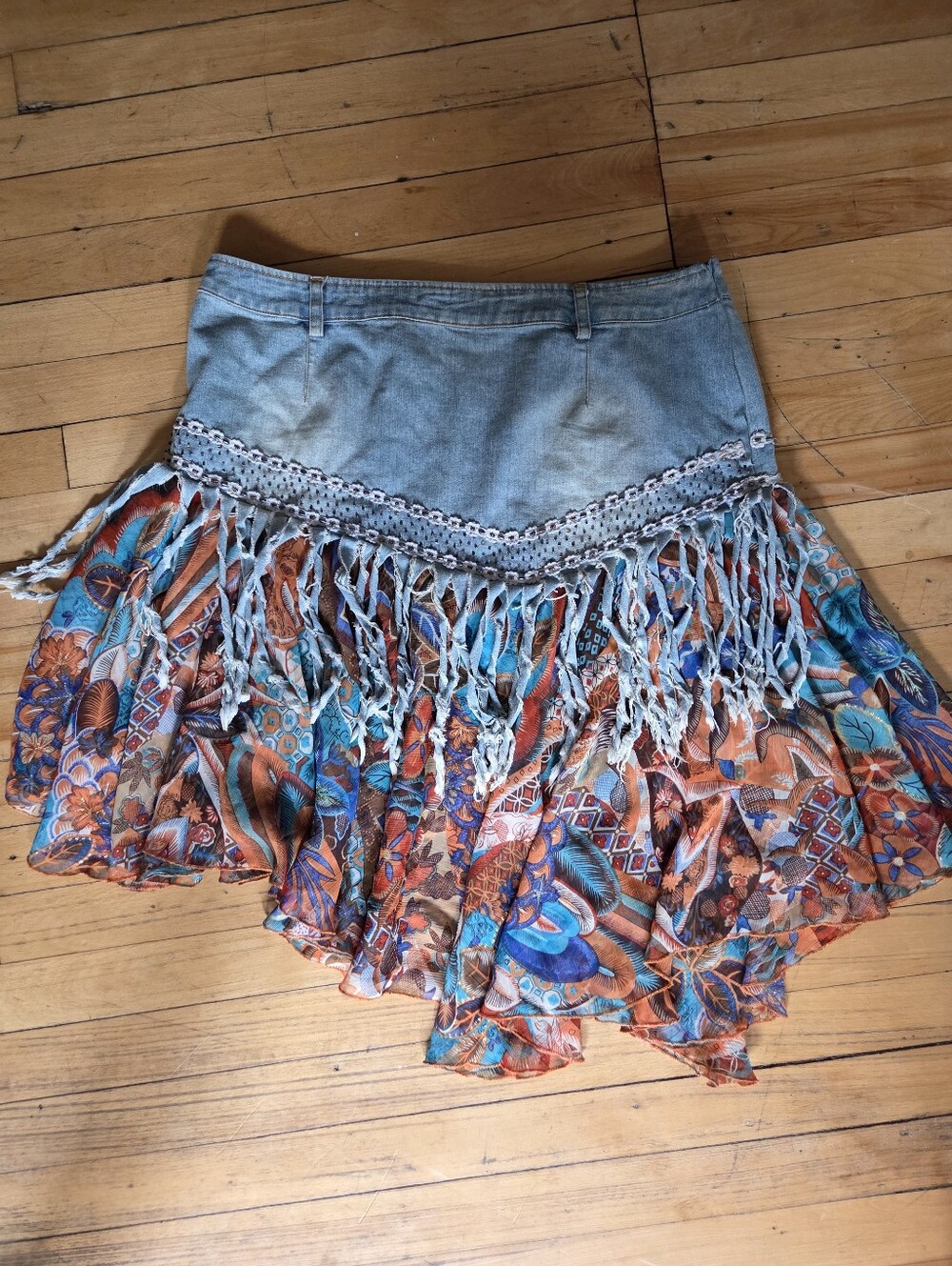 Boho Fringe Denim Skirt